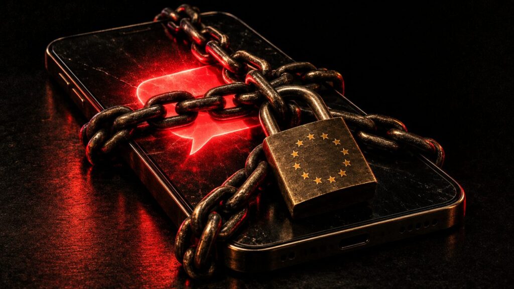 A smartphone wrapped in chains and a padlock with a ring of gold stars, a red speech bubble trapped beneath