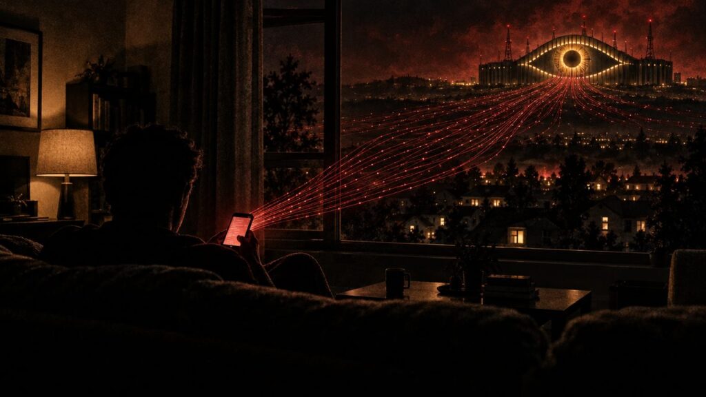 A person on a couch at night whose phone streams red data lines to a government data center shaped like an eye